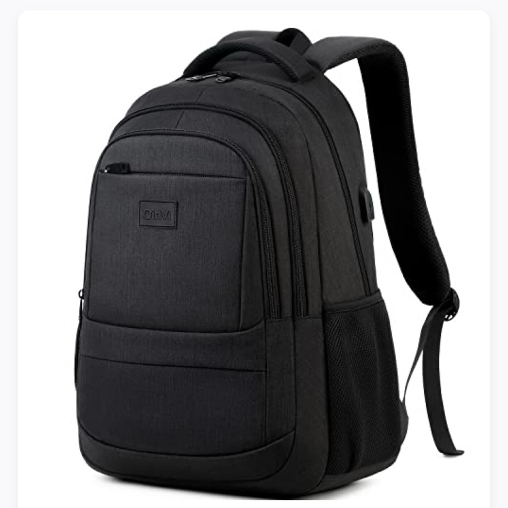 QinVi Black Laptop Travel Backpack With Rain Resistant Cover.  New w/tag